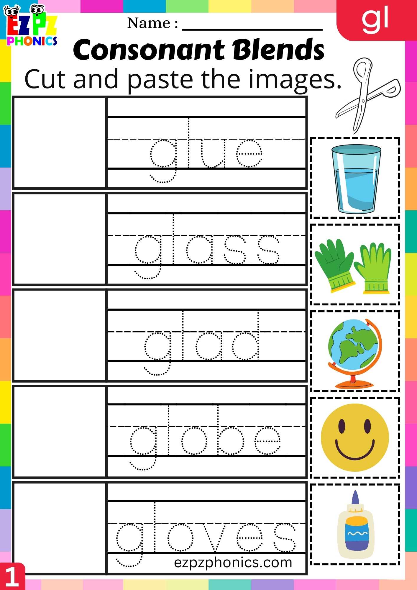 Group1 GL Words Cut And Paste The Images Phonics Consonant Blends Worksheet